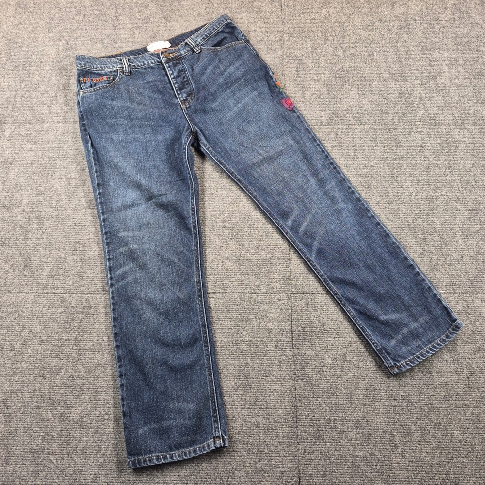 Free People Embroidered Straight Leg Jeans Blue Denim Boho Geometric Size 27